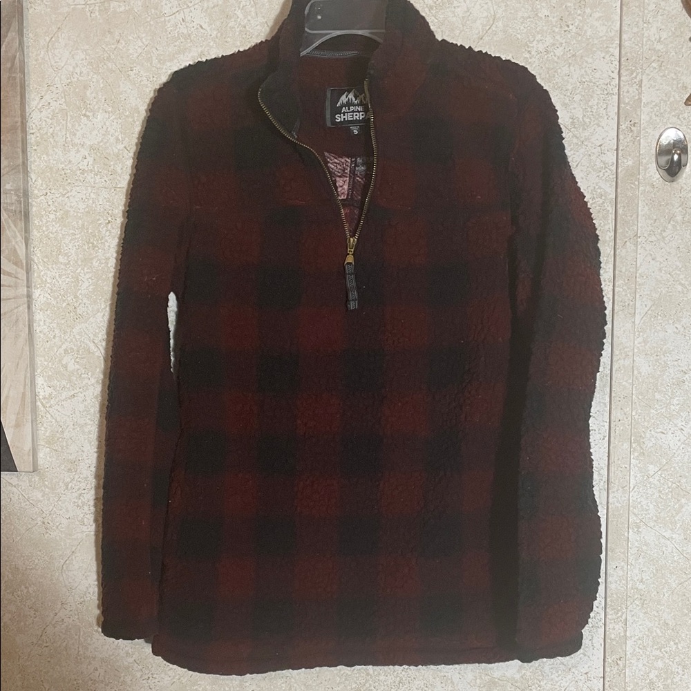 Alpine Sherpa Fuzzy Quarter Zip Black & Red Plaid Pullover Sweater